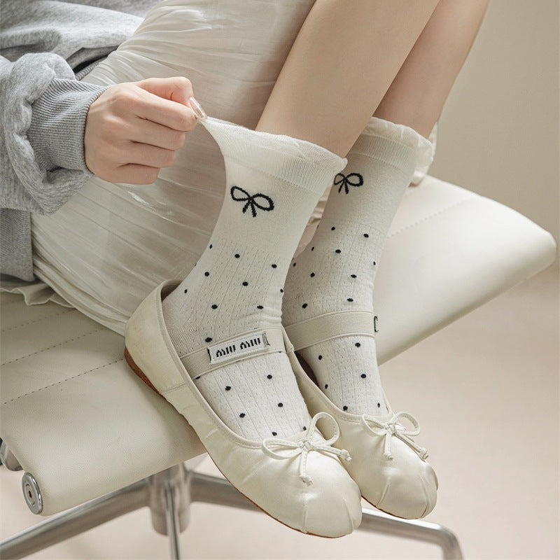 Three-dimensional Curling Polka Dot Bow Female Ballet Style Pure Cotton Mid-calf Length Socks