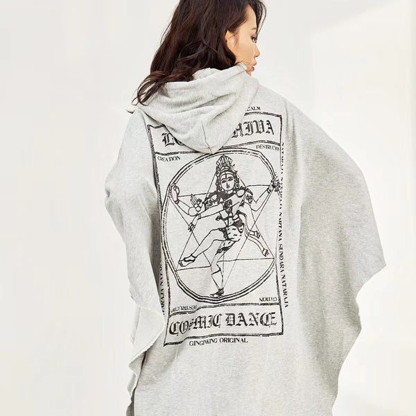 Elegant Shiva Lady Print Cotton Poncho - Light Gray, Comfy, Stylish, All Sizes, Long Sleeve, Versatile Fashion