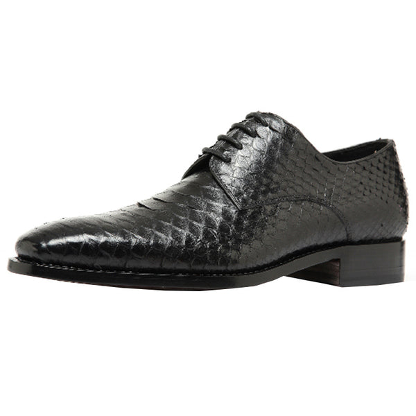 Handcrafted Men's Python Leather Business Shoes - Black Goodyear Welted. Sleek design, shock absorption, composite sole. Sizes 37 to 45. Top layer cowhide inner.