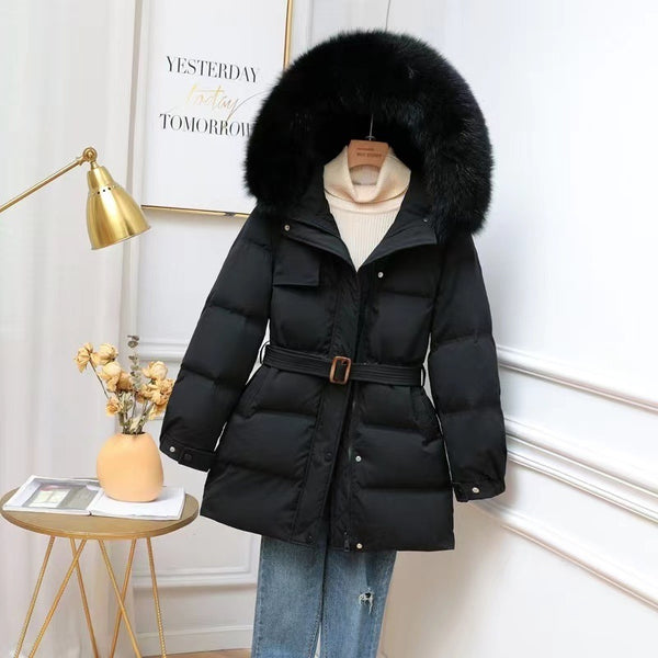 Chic Fur Collar Down Jacket in Black & Khaki - Women's Winter Fashion with Hood & Mid-Length for Chic Style.