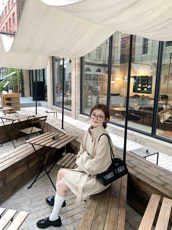 Elegant Jane Graceful Mid-Length Coat with Stand Collar in Cotton/Polyester Blend
