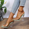 Elegant Crystal Accent Transparent Mid-Heel Slippers in White, Green, Pink - Women's Trendy Slip-Ons for a stylish touch.