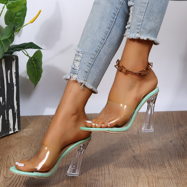 Elegant Crystal Accent Transparent Mid-Heel Slippers in White, Green, Pink - Women's Trendy Slip-Ons for a stylish touch.