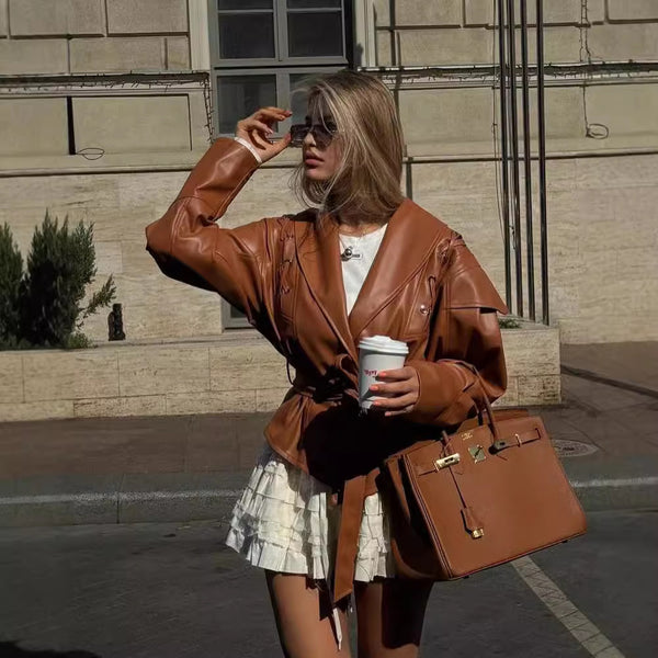 Chic Faux Leather Jacket in Retro Style, 3D Pattern, Durable & Fashionable Women's Outerwear - Multiple Colors Available