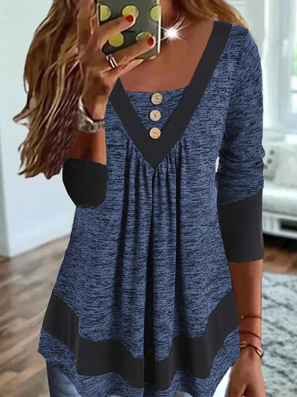 Chic V-Neck Long Sleeve Pullover with Digital Print in Sea Green, Caramel, Sapphire Blue, or Gray | Street Style Trendy Top