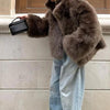 Chic Rich Brown Plush Fur Coat, Casual Winter Wear