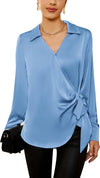 Elegant Lace-up Long Sleeve Shirt in Milk Silk - Waist Trimming - Multiple Colors - Women's Fashion
