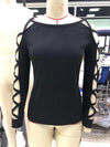 Chic European Long Sleeve Top for Women in Classic Black, Slim Fit - Polyester, Unique Petal Sleeve Design - Sizes S to XL