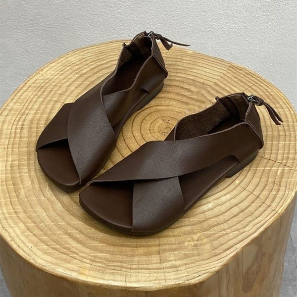 Artistic Handmade Retro Fish Mouth Flat Sandals in Brown - Women's Comfortable PU Leather Sandals
