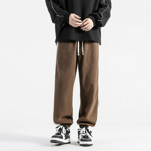 Contemporary Men's Corduroy Track Sweatpants in Black, Gray, Brown, or Khaki - Striped Design - Sizes M-5XL - Polyester Fiber - Urban Style Fashion