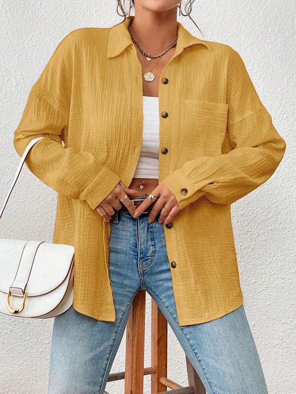 Women's Comfortable Cotton Autumn Blouse in Various Colors with Drop Shoulders - Sizes S to XXL