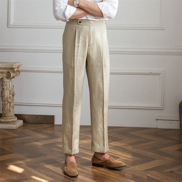 Men's Light & Breathable Linen High-Waist Trousers in White, Khaki, or Caramel - Asian Sizes 29 to 36