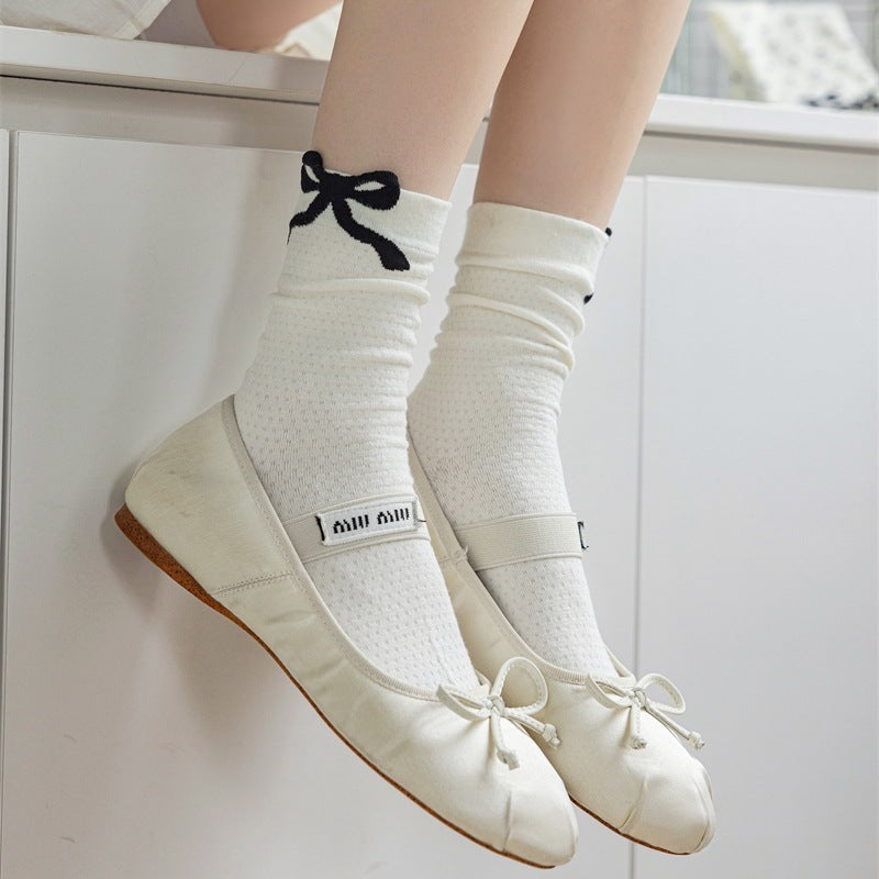 Three-dimensional Curling Polka Dot Bow Female Ballet Style Pure Cotton Mid-calf Length Socks