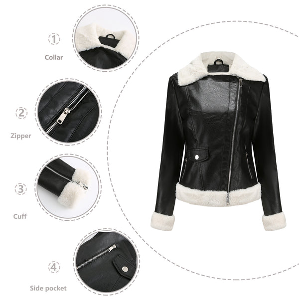 Women's Elegant Fleece Leather Jacket with Fur Collar in Sapphire Blue