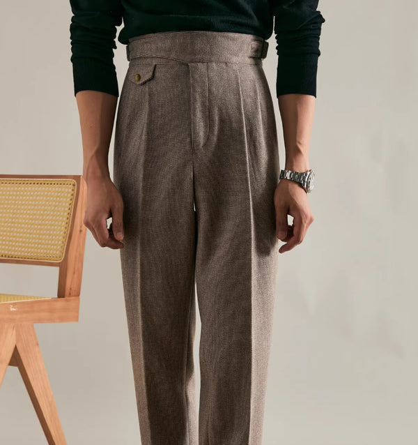 Classic Double-Pleated Business Casual Trousers in Brown Gray Khaki - Polyester Wool Blend - Men's Fashion Style