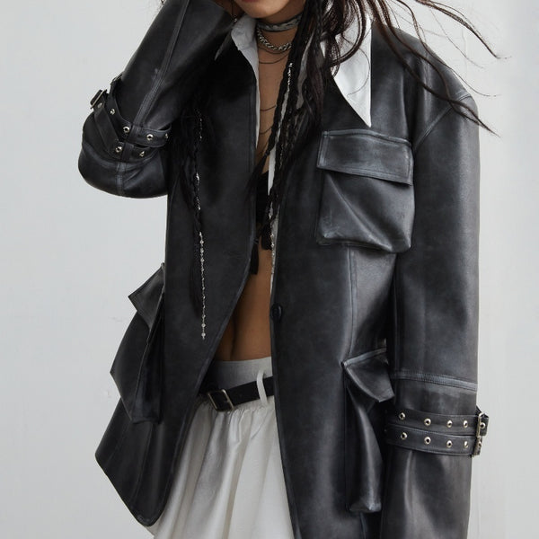 Chic Faux Leather Jacket with 3D Pockets in Retro Colors - Fashionable Women's Outerwear in Classic Black
