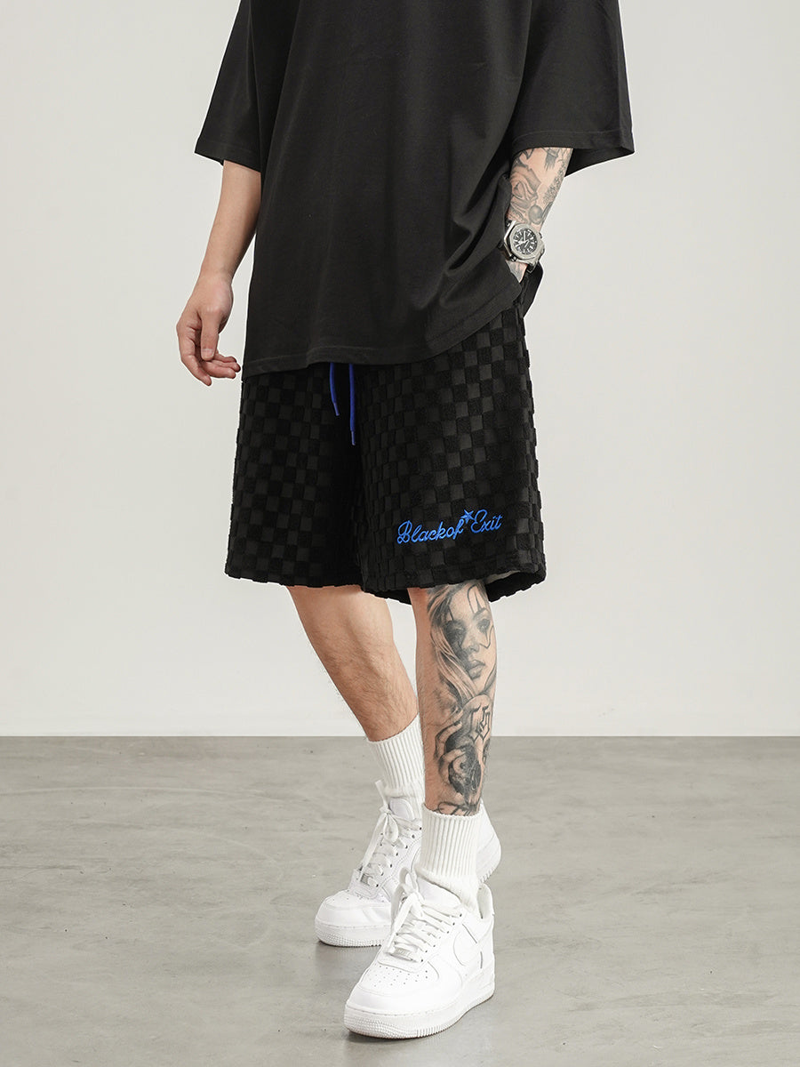 Men's Plaid Dark Pattern Embroidered Loose Shorts