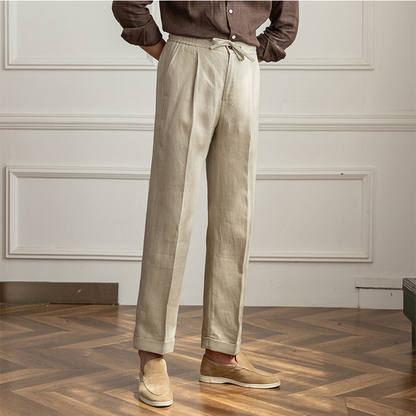 Lightweight Casual Linen Trousers for Commuting in Navy Blue and Khaki - Men's Stylish Versatile Pants