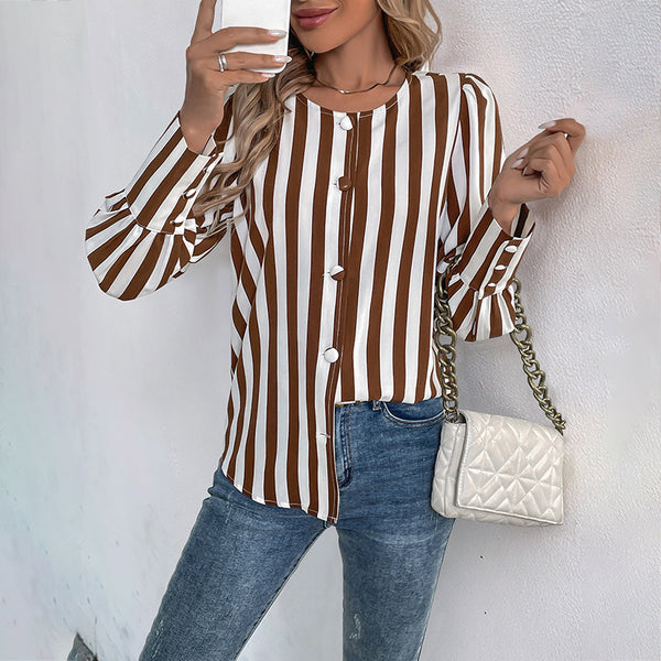 Elegant Striped V-Neck Cardigan in Rich Brown - Long Sleeve, Loose Fit, Polyester Fiber - Women's Winter Fashion