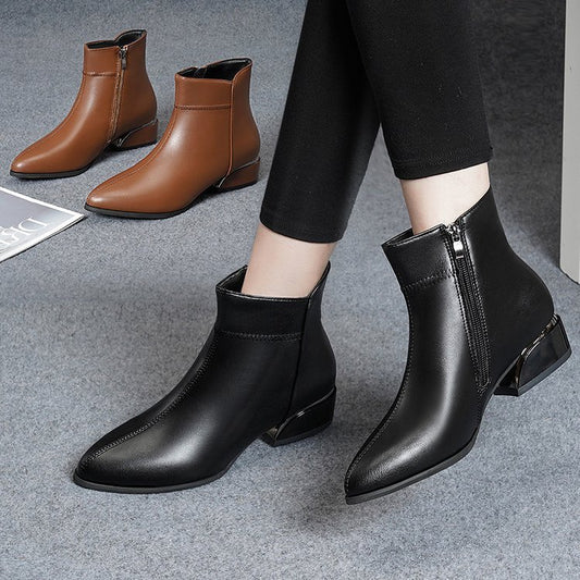 Large Size Thick Heel Short Boots For Women Pointed-toe Side Zip