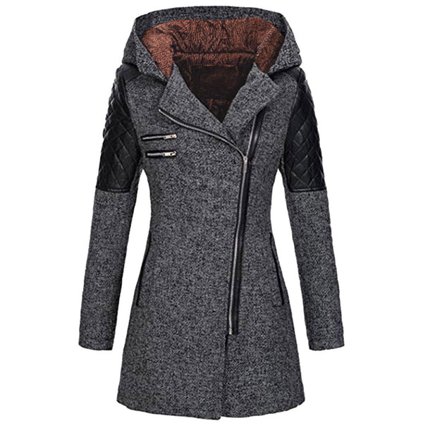 Warm Mid-Length Thermal Trench Coat with Unique Oblique Zipper