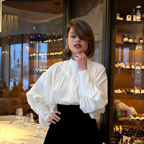 White Puff Sleeve Blouse with Stand-up Collar, Elegant Office Wear, Lantern Sleeves, Polyester Blend, Women's Fashion, Comfort Chic