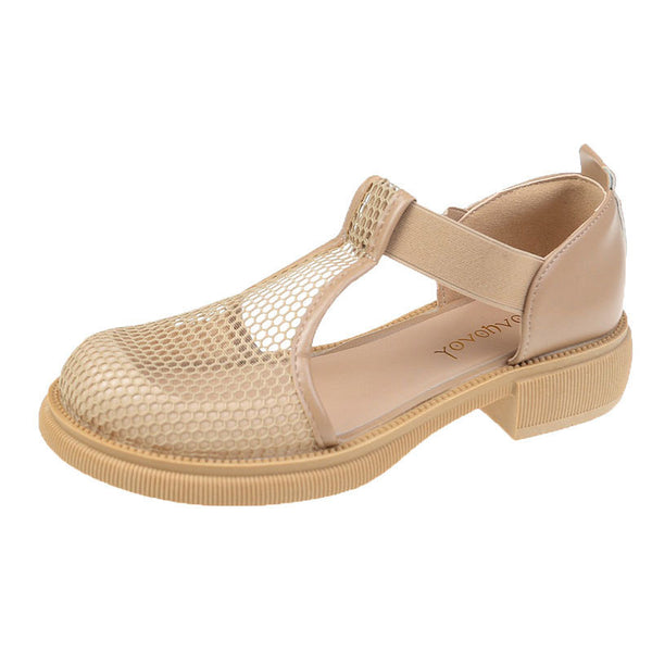 Elegant Mary Jane Mesh Sandals for Women - Black or Apricot Option with Low Heel - Korean Style Comfort & Style - All Season Wear - Sizes 35-40