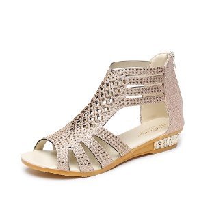 Elegant Rhinestone Open Toe Wedge Sandals in Black, Beige, and Gold. Breathable PVC with Zipper Closure. Sizes 36-43. Chic and Comfortable.