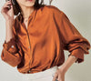 French Style Silk Women's Shirt in Orange/White with Lantern Sleeves