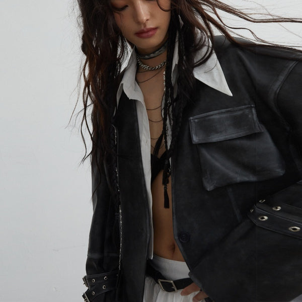 Chic Faux Leather Jacket in Retro Black with 3D Pockets