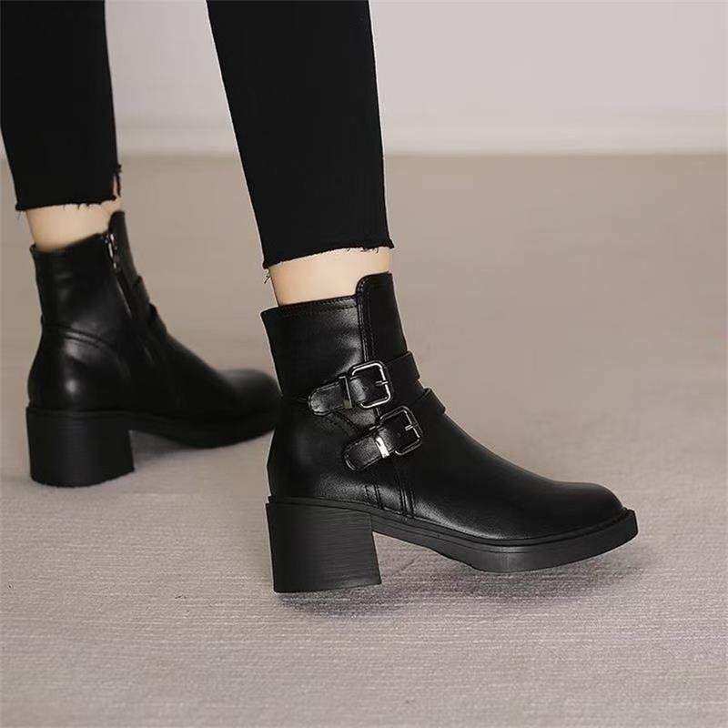 Black Belt Buckle Round Toe Mid Heel Short Boots For Women