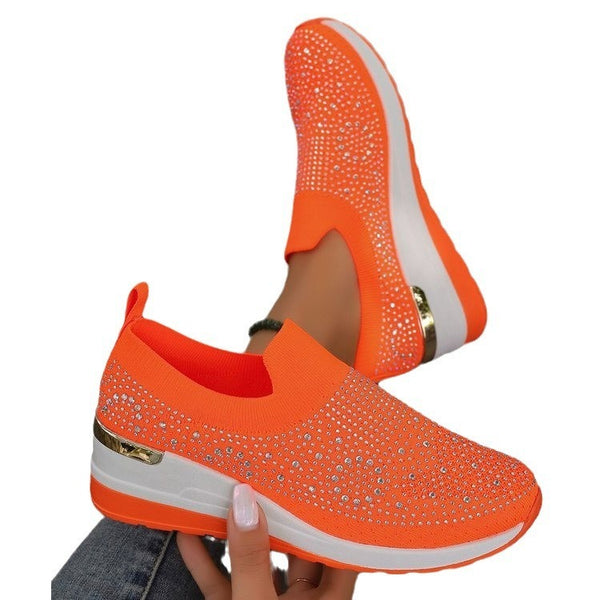 Women's Lightweight Breathable Mesh Slip-on Sneakers - Various Colors. Comfortable non-slip design with mesh lining & rhinestones. Sizes 37-44.