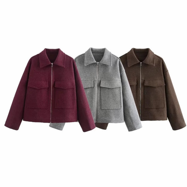 Chic Women's Retro Polo Collar Coat in Wine Red. Polyester Winter Fashion with Long Sleeves. Functional Pockets. Sizes S, M, L.