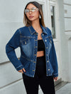 Chic Dark Blue Denim Jacket with Decorative Pockets, Drawstring Style, Women's Outerwear