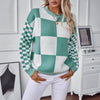 Autumn Color Block Plaid Sweater - Khaki/Green, Slim-fit, Long-sleeved, Polyester - Women's Fashion-Winter Style