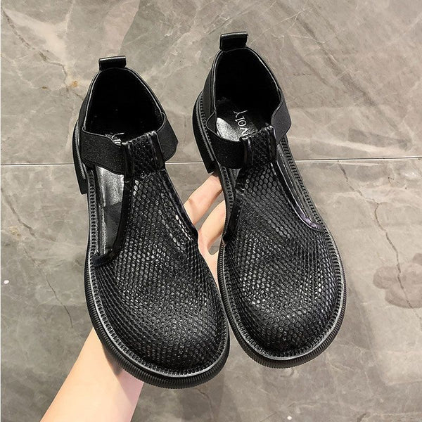 Women's Mesh Mary Jane Sandals - Black/Apricot, Low Heel, Korean Style, Round Toe, Comfortable All-Season Footwear, Short Heel - Sizes 35-40