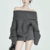 Off-Shoulder Turtleneck Sweater in Soft Fabric, Gray - Cozy chic ladies pullover, winter wear for women, trendy off-shoulder design.