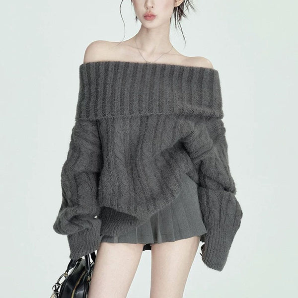 Off-Shoulder Turtleneck Sweater in Soft Fabric, Gray - Cozy chic ladies pullover, winter wear for women, trendy off-shoulder design.