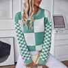 Autumn Color Block Plaid Sweater, Khaki Green - Slim-fit style, Long Sleeved, Polyester Material - Women's Winter Fashion.
