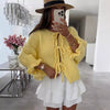 Chic 3/4 Sleeve Cardigan Sweater for Women in Pink - Lace-Up and Ruffled Sleeves - Polyester Fabric - Trendy Women's Fashion