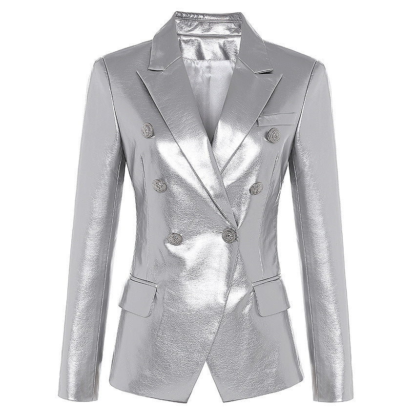 Double-breasted Shiny Silver Synthetic Leather Slim Suit Jacket