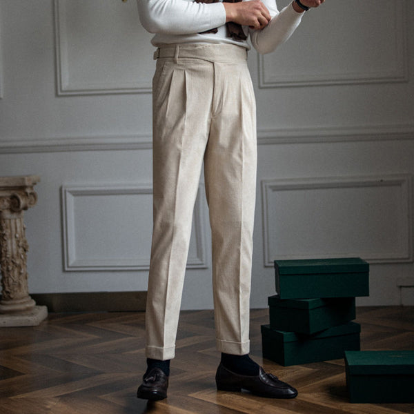 Men's High Waist Corduroy Pants in Milky White, Brown, or Sapphire Blue - Straight-Leg Casual Style - Men's Fashion Essentials