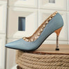 Peacock blue pearl studded heels, chic mid-height pumps with pointed toe, perfect for stylish events and parties.