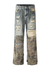Vintage Camo Patchwork Ripped Denim Jeans in Bold Blue - Men's Fashion Streetwear with Mid-Waist Fit - Available in S to 2XL Sizes