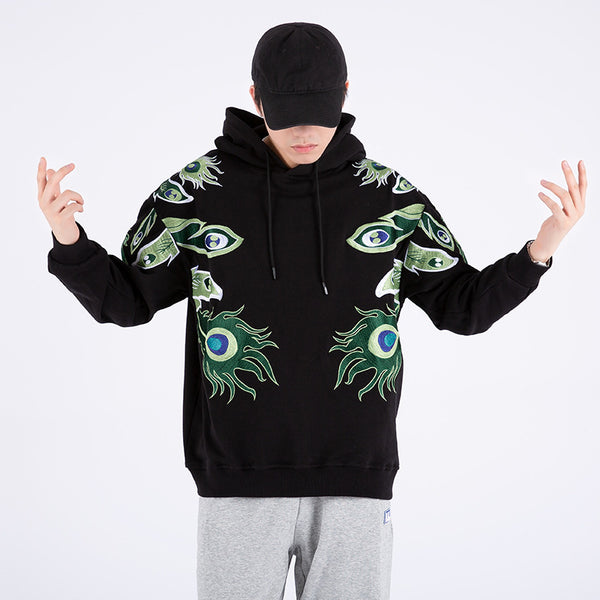 Men's Cotton Hooded Sweater with Peacock Embroidery in White and Black - Jacket Style