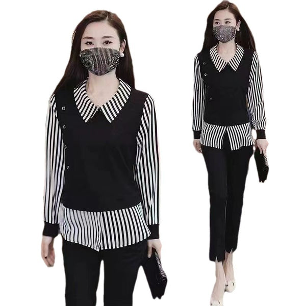 Chic Western-Style Ladies’ Shirt in Black Stripes - Polyester Slim Fit Top - Casual & Formal Wear for Women