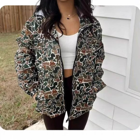Women's Camouflage Zip-Up Rain Jacket, 3D Pattern, Long Sleeve, Polyester, Stylish Outdoorwear
