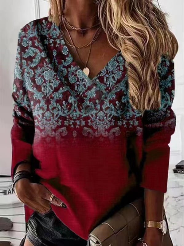 Chic Retro V-Neck Long-Sleeve T-shirt in 3D Prints - Vintage-Inspired Women's Apparel - Multiple Color Options - Plus Sizes Available
