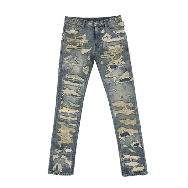Fashionable Distressed Denim Jeans in Blue and Black, Mid-waisted Urban Style Tassel Jeans with Cat's Whiskers Distressing