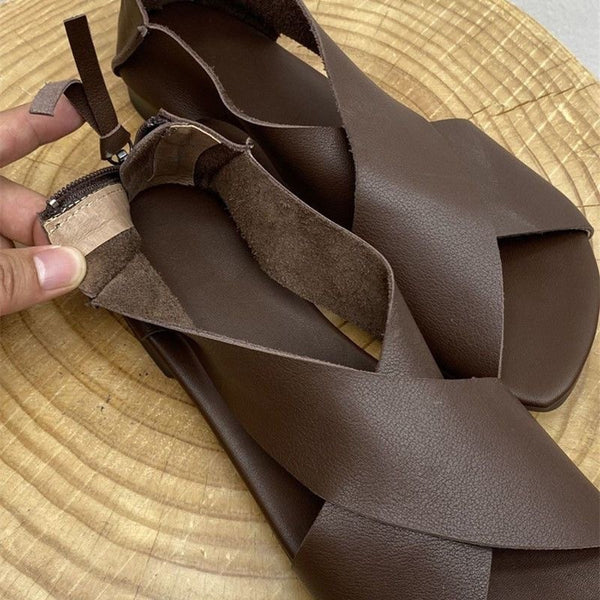 Retro Fish Mouth Flat Sandals - Handmade Soft Leather, Elastic Band, Women's Casual Comfort Shoes